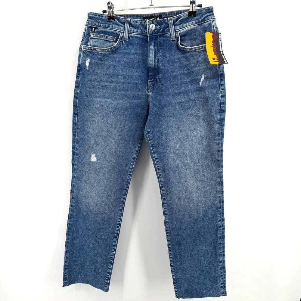 Brooklyn Industries Court Jeans Mens 29 Blue Slim Straight Distressed Raw Hem